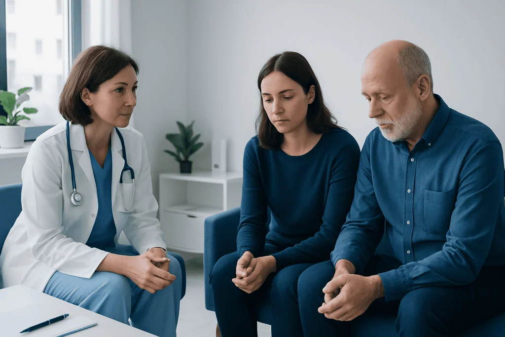 Doctor consulting with a patient and companion in a medical office.