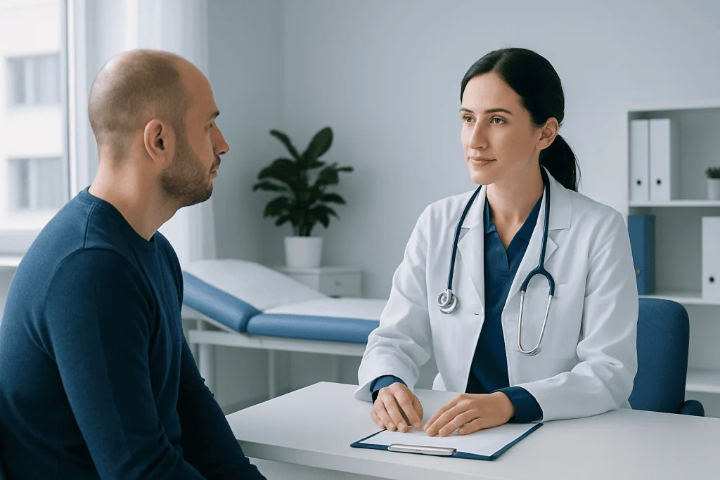 Doctor consulting male patient in a medical office at Acibadem Hospitals Group.