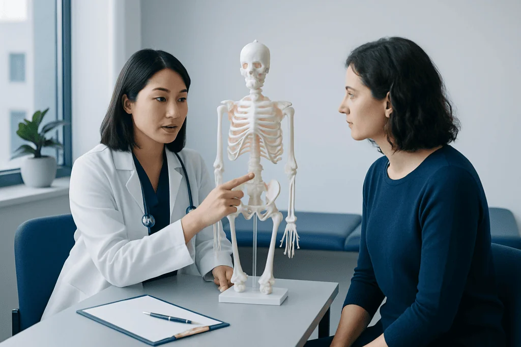 Doctor explaining human skeletal system to patient in medical consultation.