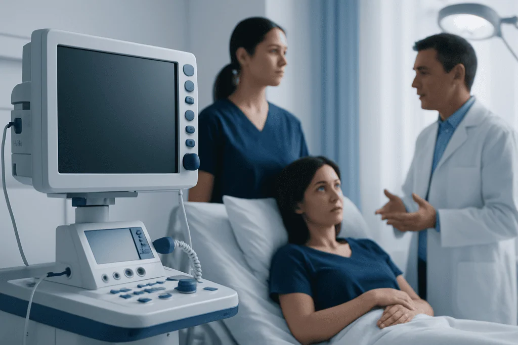 Doctor consulting female patient in hospital room with medical equipment nearby.