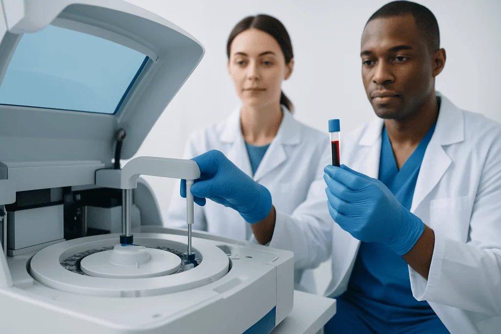 Laboratory technicians performing blood analysis with advanced equipment.