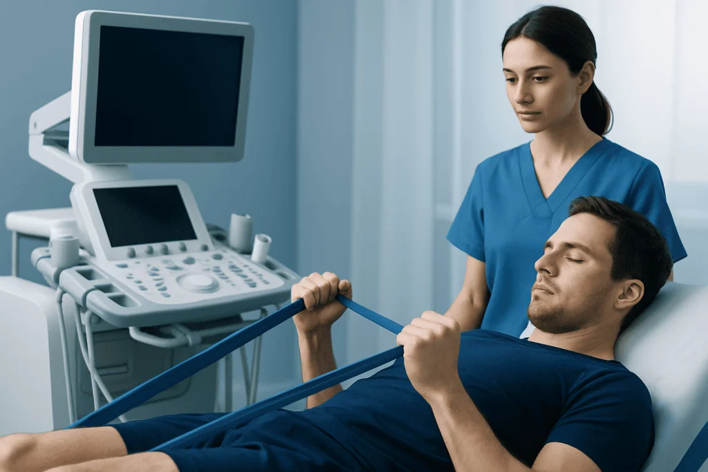 Patient undergoing ultrasound examination in a hospital setting.