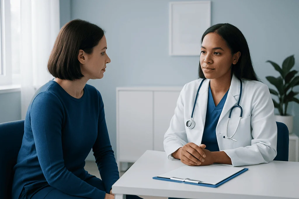 Doctor consulting with a patient in a medical office setting.