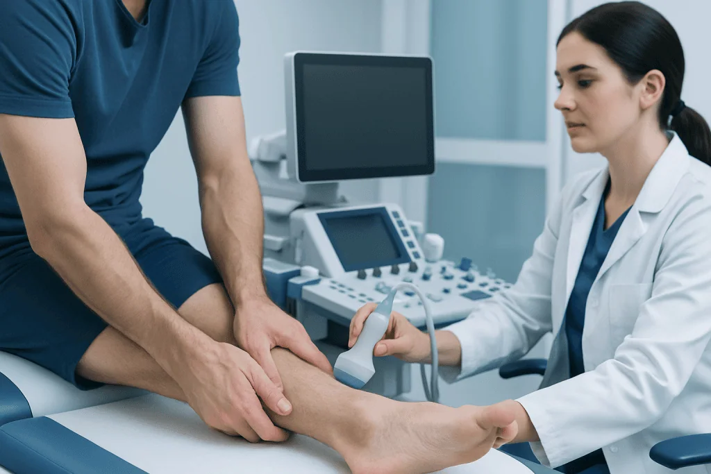 Doctor performing an ultrasound examination on a patient's ankle.
