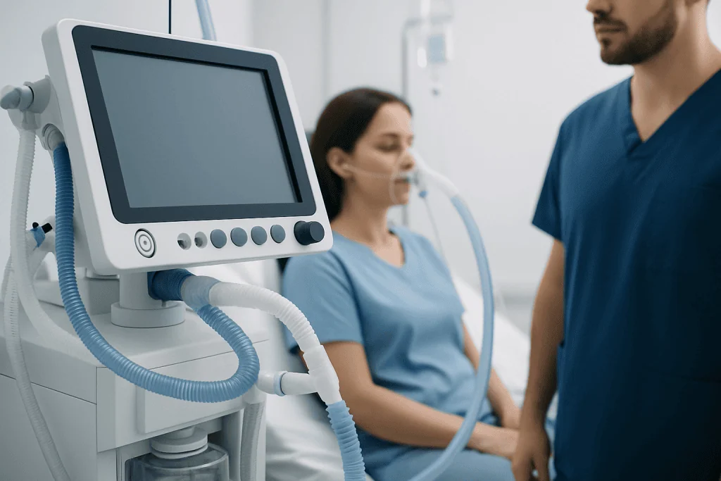 Patient on ventilator in hospital ICU with medical staff nearby.