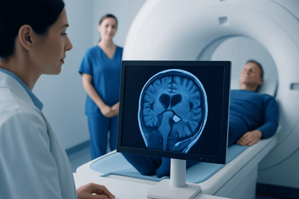 Patient undergoing brain MRI scan at Acibadem Hospital with medical staff present.