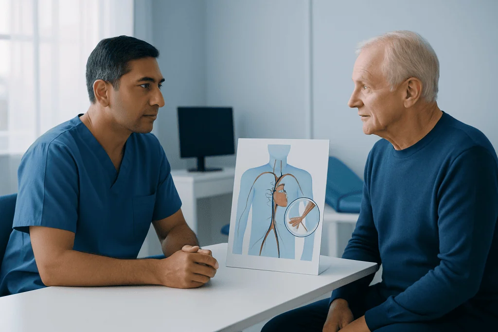 Doctor explaining angiogram procedure to an elderly patient.