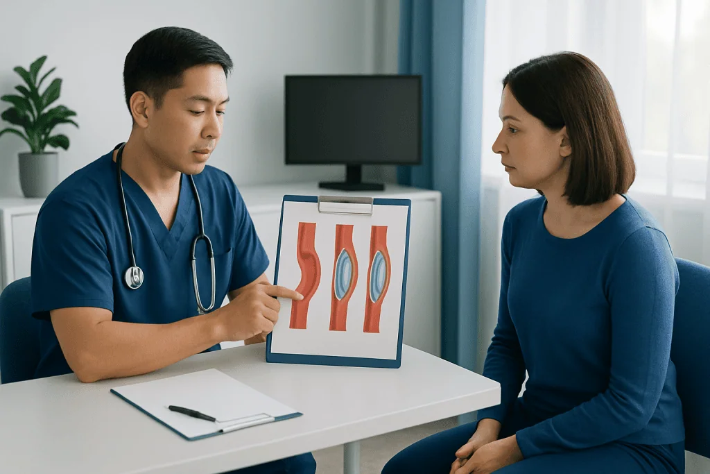 Doctor explaining angioplasty procedure to patient with diagram.
