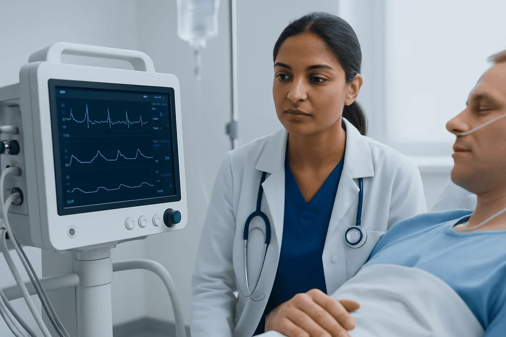 Medical professional monitors patient with ECG in hospital setting.