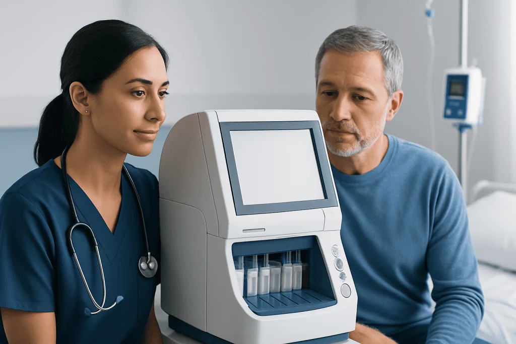 Medical professionals using laboratory equipment in a hospital setting.
