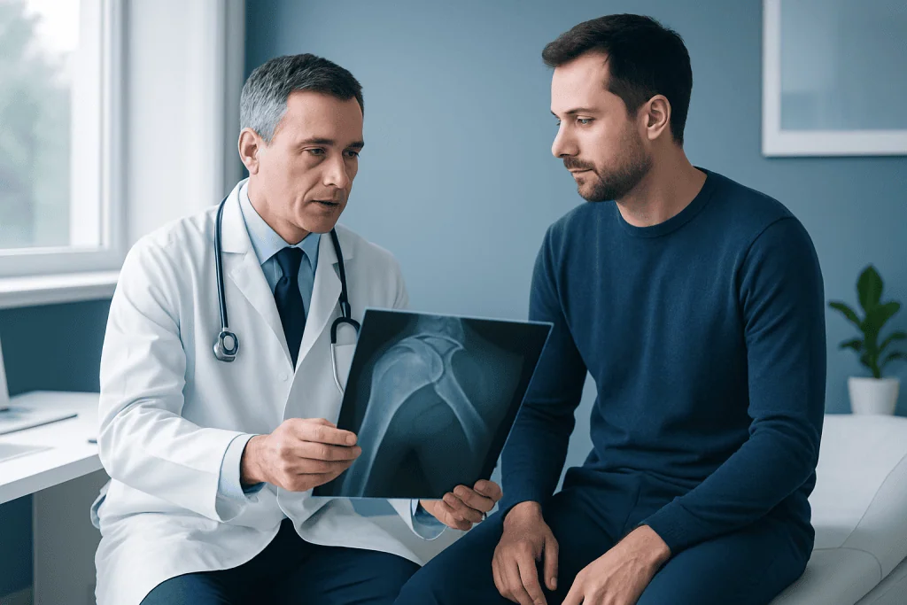 Doctor explaining shoulder X-ray to patient in consultation room.