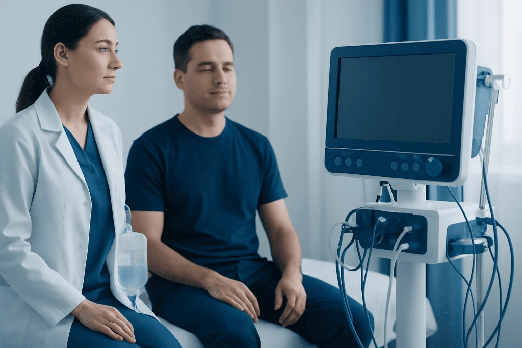 Doctor and patient in a medical consultation with a monitor in a hospital setting.