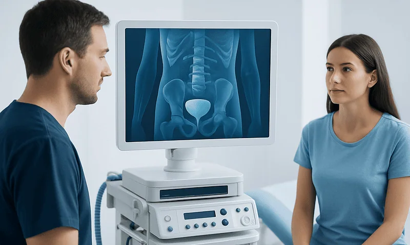 Medical consultation about bladder health with ultrasound imaging.