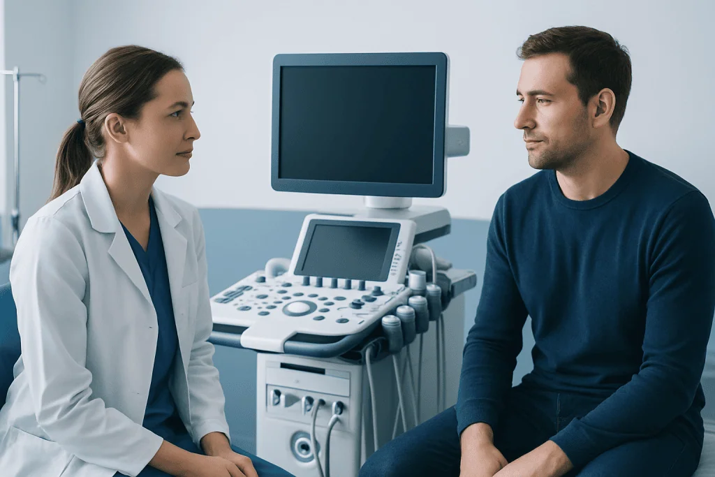 Doctor and patient in consultation at a hospital.