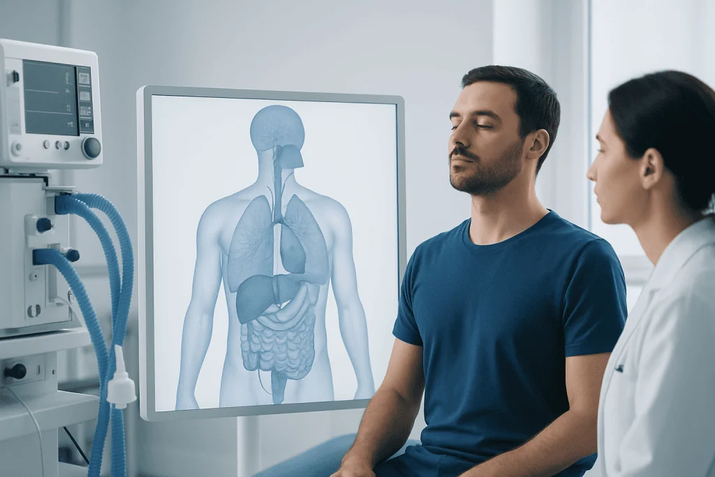 Medical consultation on respiratory system with human anatomy diagram.