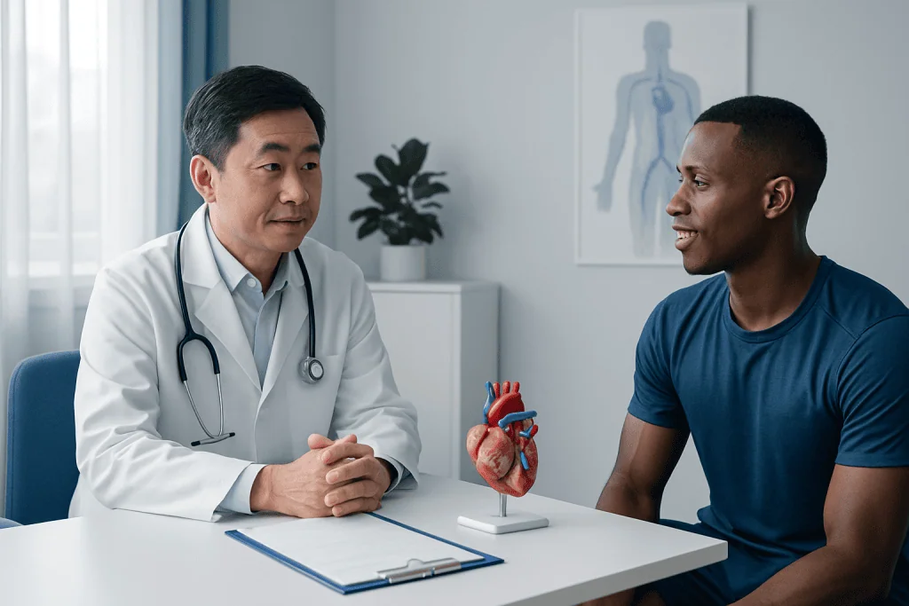 Doctor explaining heart health to a patient in a medical consultation room.
