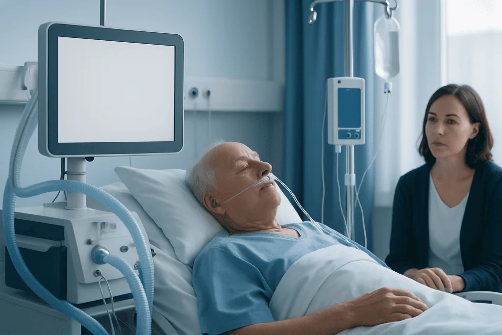 Hospital patient on life support with medical staff nearby.