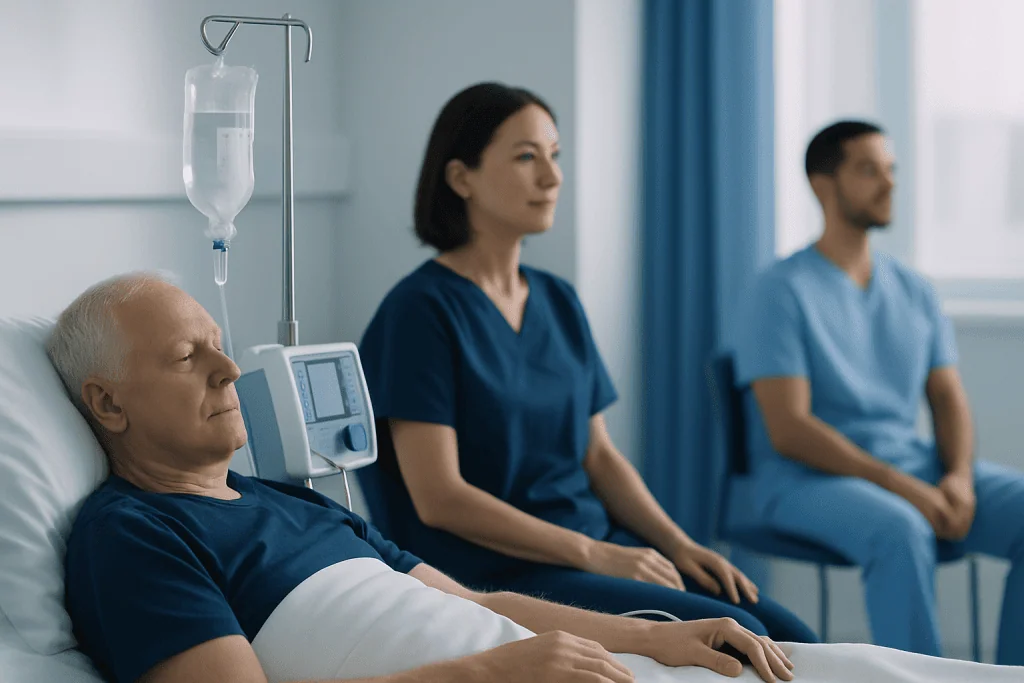 Patient receiving IV therapy in hospital room with medical staff nearby.