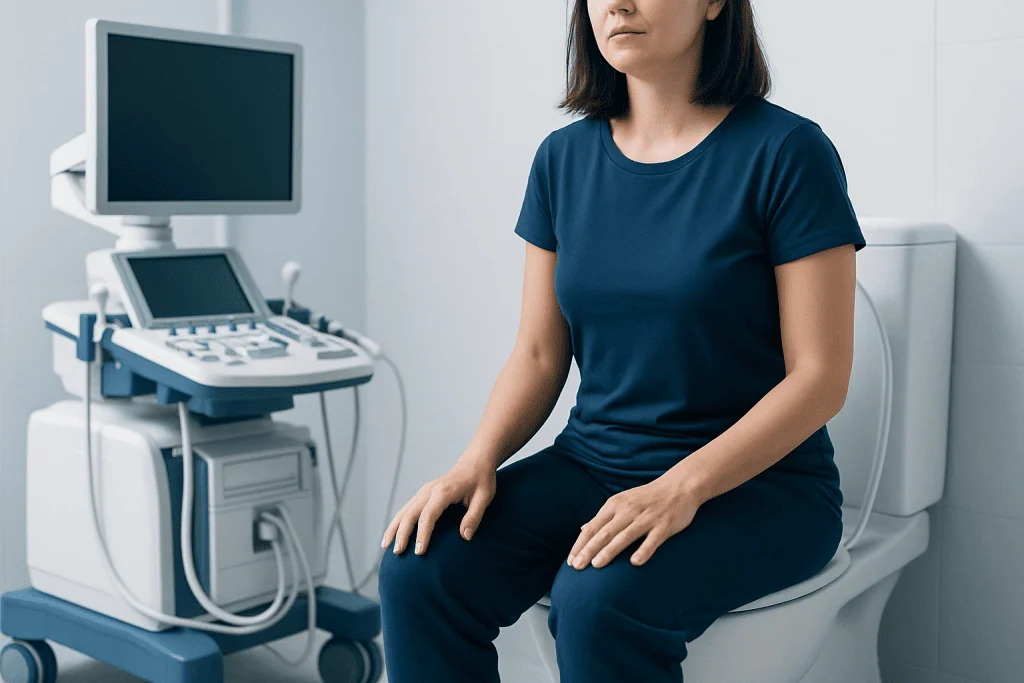 Woman sitting on toilet in medical examination room with ultrasound machine nearby.