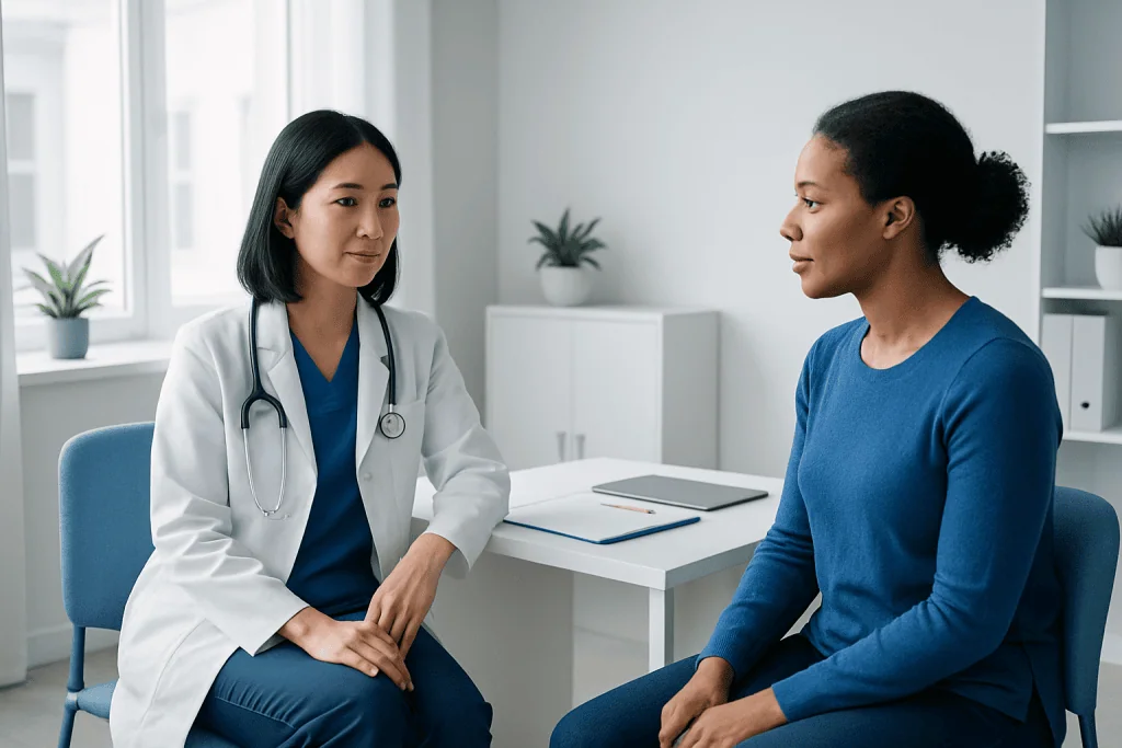 Doctor consulting with a patient in a modern medical office.