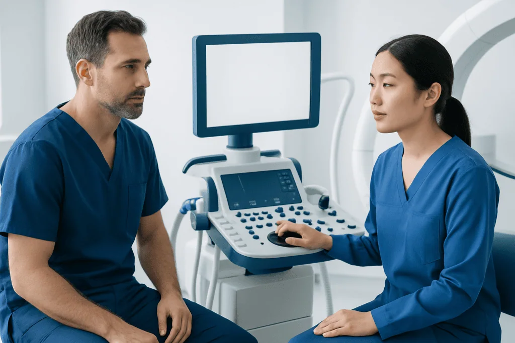 Medical professionals discussing ultrasound results in a hospital setting.