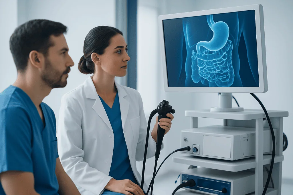 Medical professionals examining a digestive system scan on a monitor.