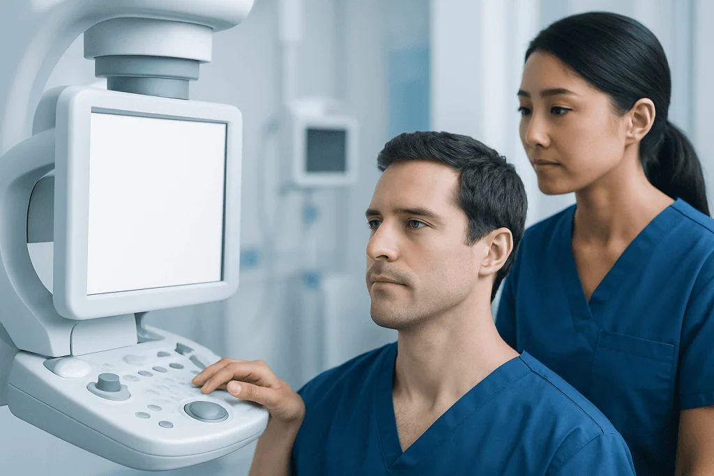 Medical professionals using ultrasound equipment in a hospital setting.