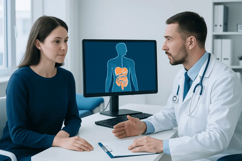 Doctor explaining digestive system to patient in medical consultation room.