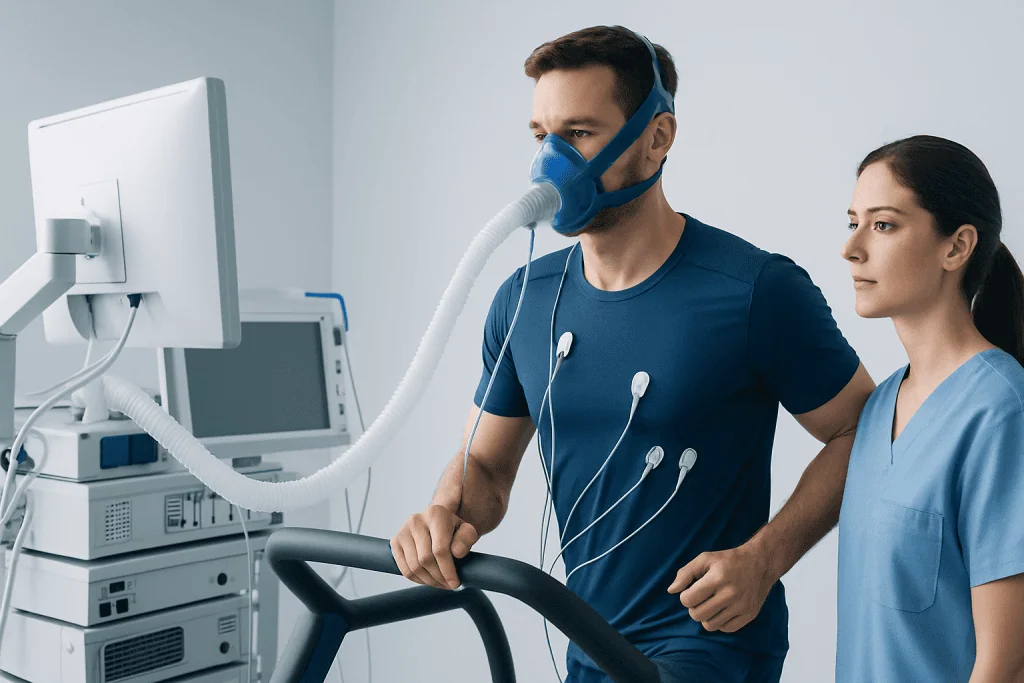 Patient undergoing a cardiopulmonary exercise test with medical staff present.