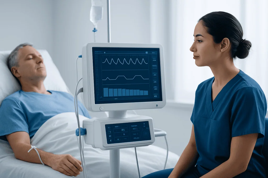 Medical professional monitoring patient with ECG in hospital setting.