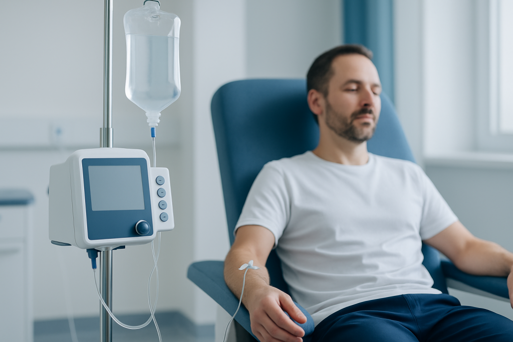 Man receiving IV therapy in a hospital setting for detox treatment.