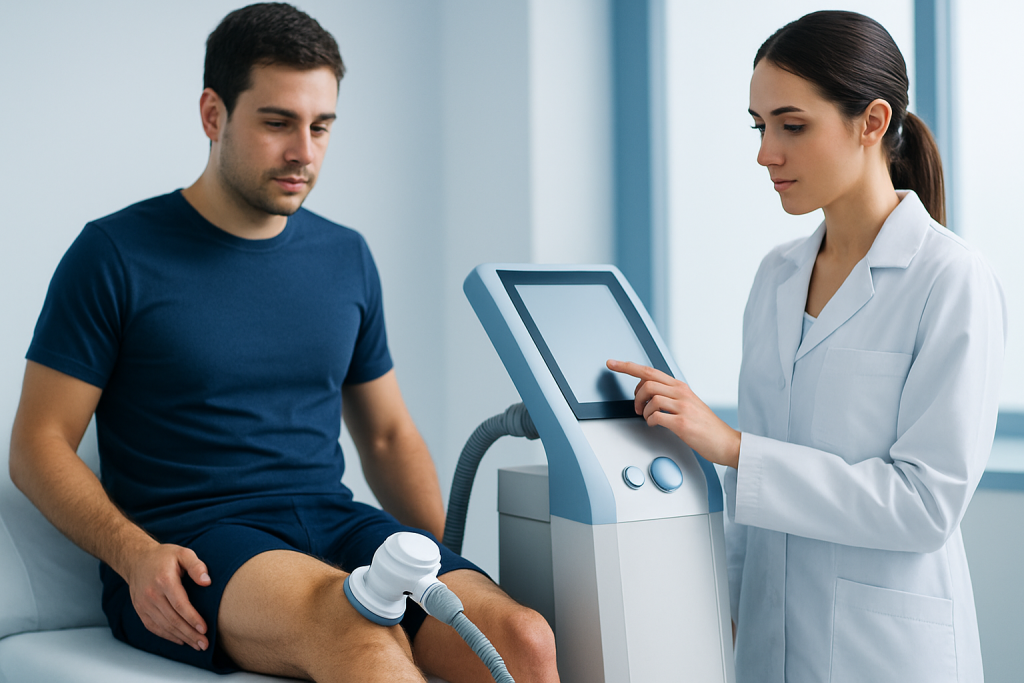 Medical professional performing physiotherapy on patient with equipment.