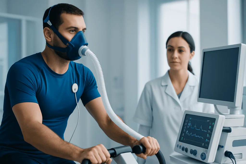 Patient undergoing respiratory test with medical staff monitoring.