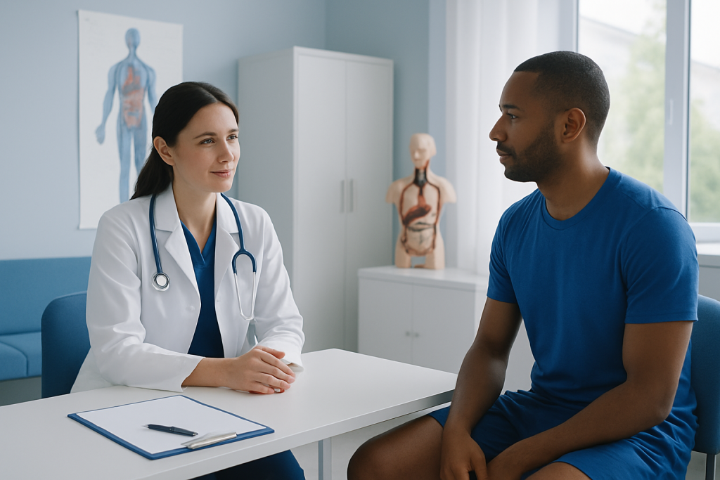 Doctor consulting with patient in a medical office with anatomical models in background.