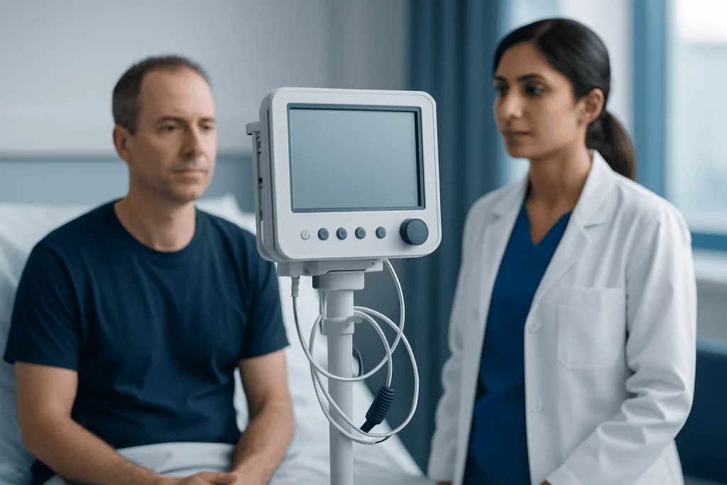 Doctor and patient in a hospital room with medical monitor.