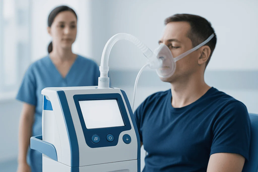 Patient using a CPAP machine for sleep therapy at Acibadem Hospital.