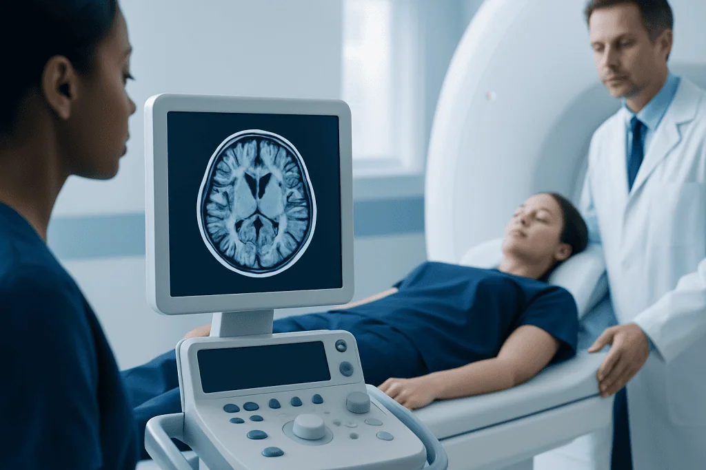 Medical professionals perform brain MRI scan on patient in hospital.