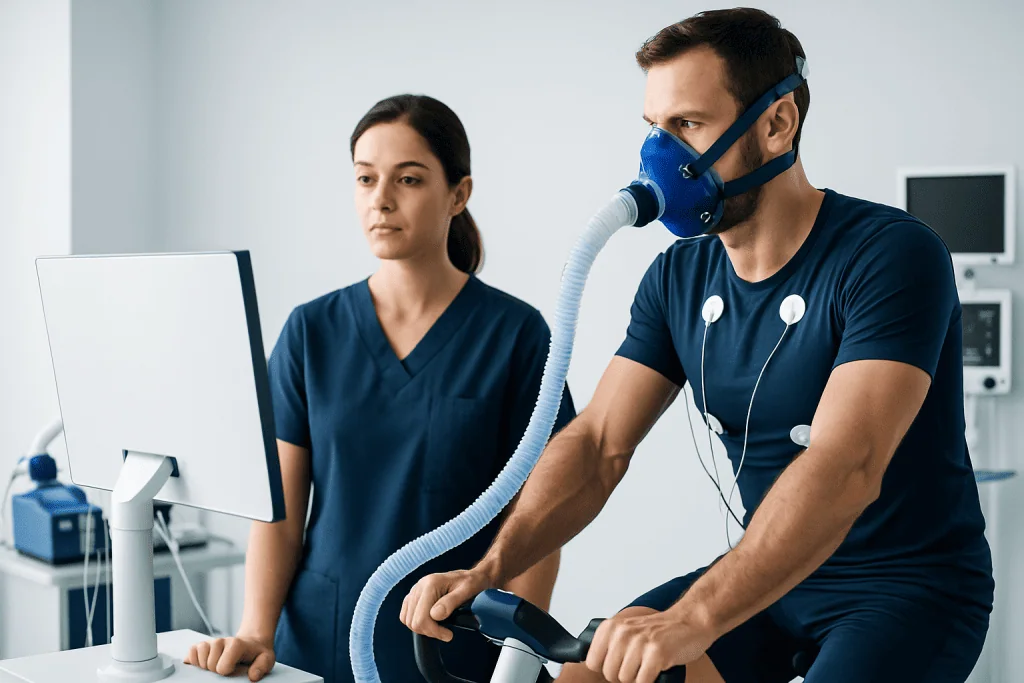 Patient undergoing respiratory test with medical staff in a clinical setting.