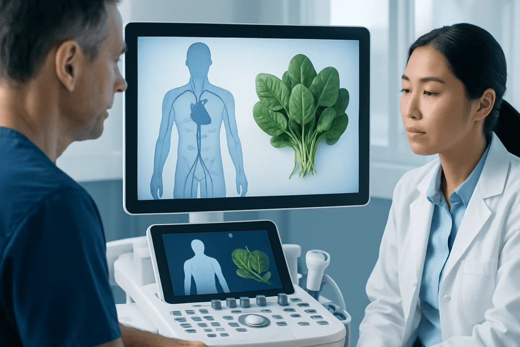 Doctor discussing iron-rich spinach benefits with patient in medical consultation.