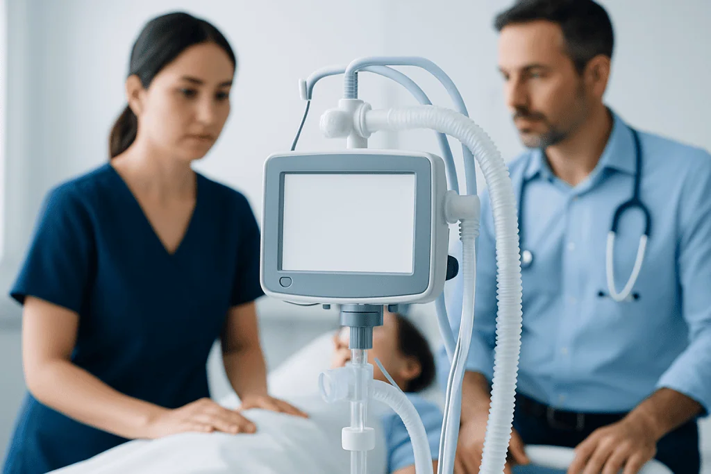 Medical professionals monitor patient using ventilator in hospital setting.