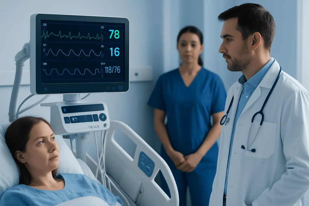 Doctor monitoring patient vital signs in hospital ICU.