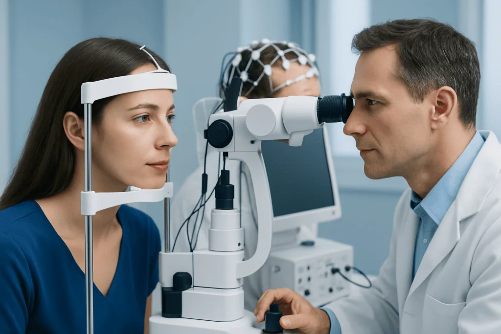 Optometrist examines patient's eyes with slit lamp at clinic.