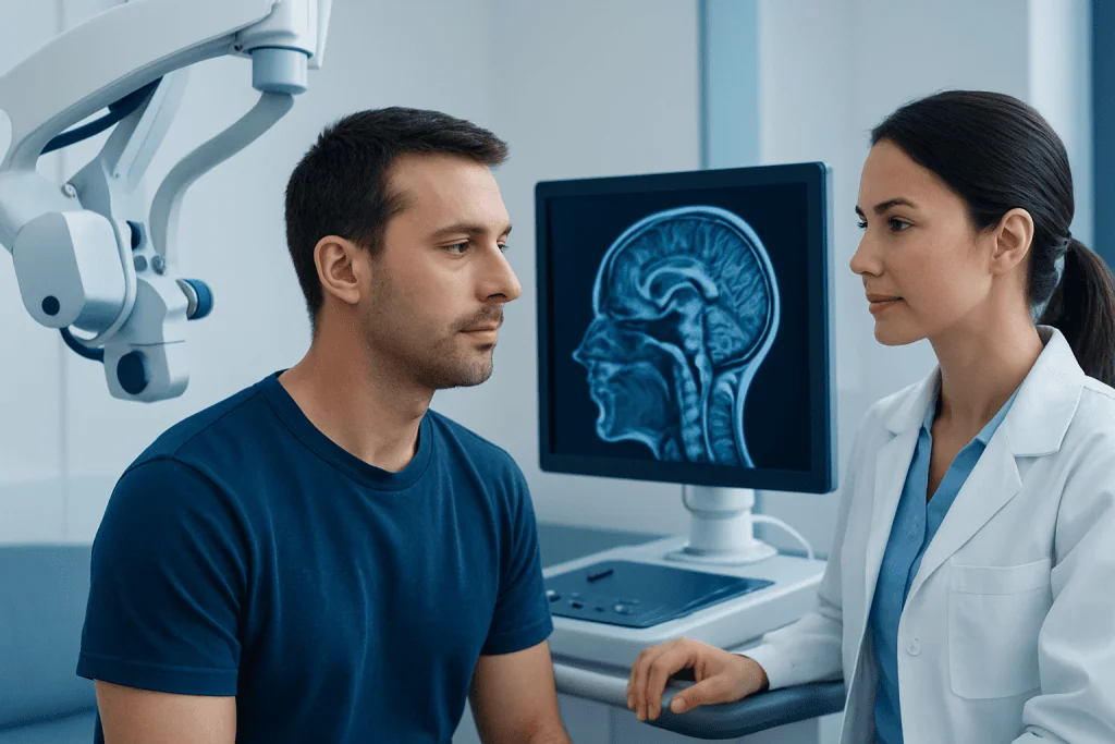 Doctor explaining brain scan to patient in a medical setting.