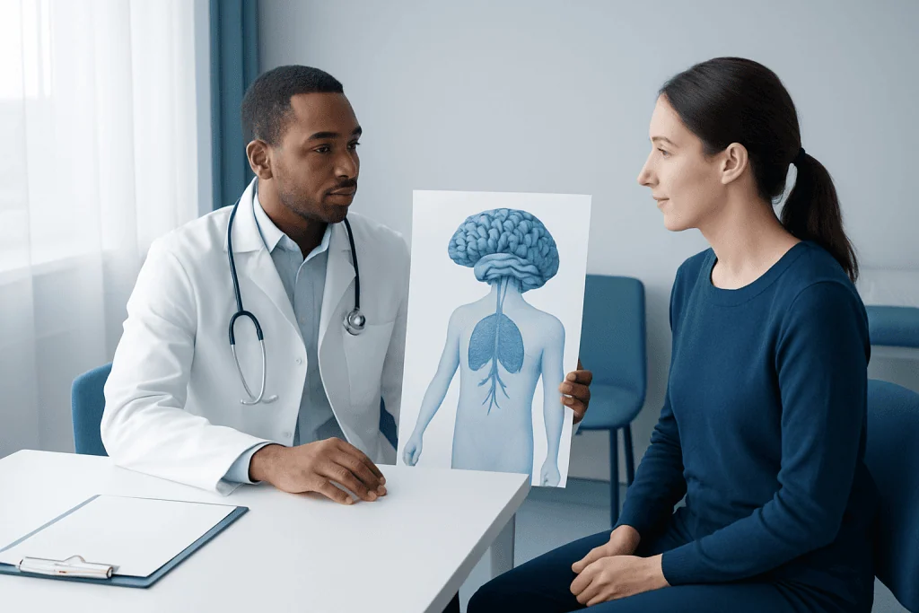 Doctor explaining brain anatomy to a patient in a consultation room.