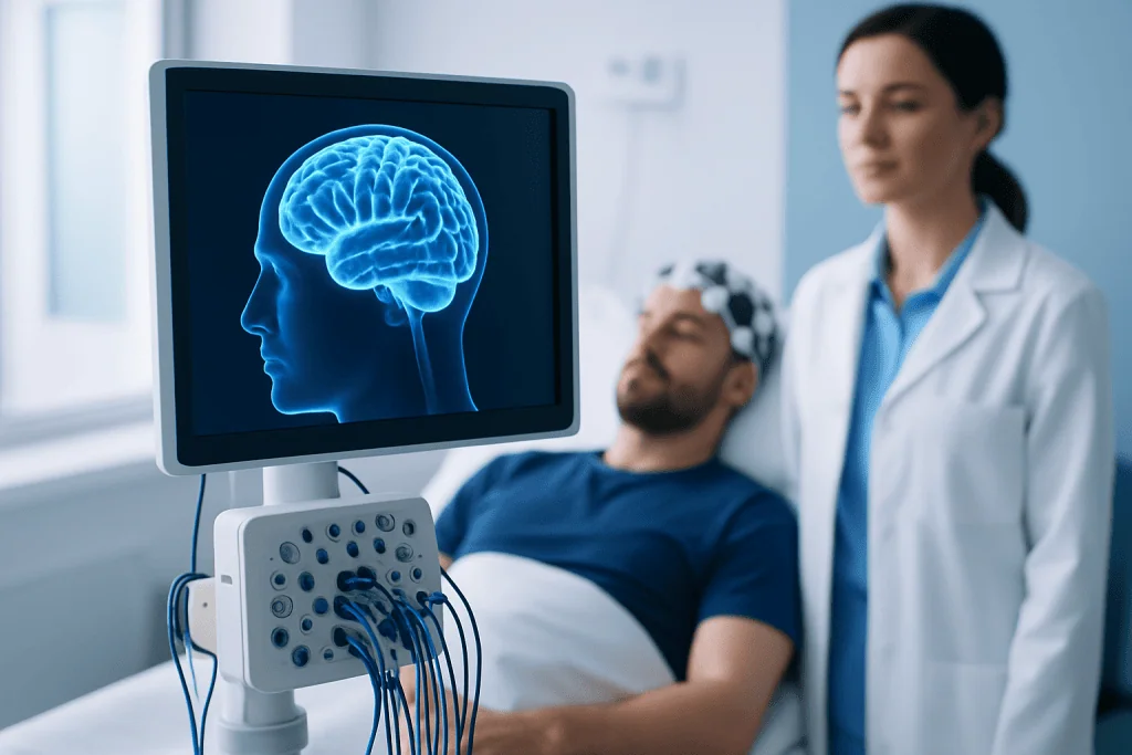 Brain scan imaging in a medical setting for sleep disorder analysis.