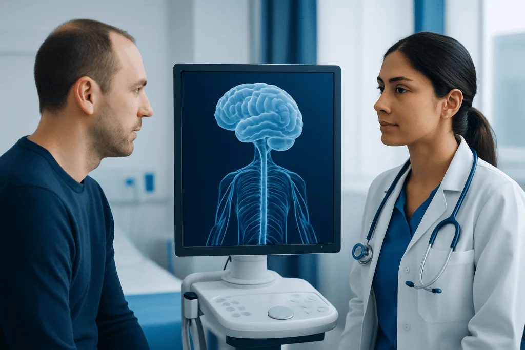 Doctor explaining brain scan to patient in a medical consultation room.