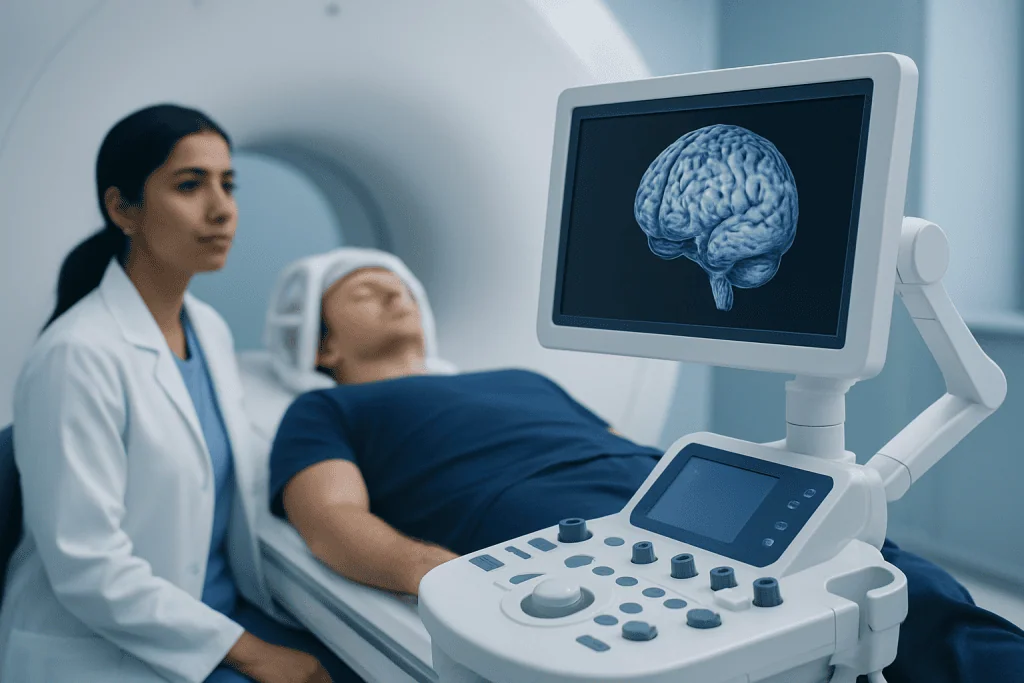 Medical professional performing brain scan on patient in hospital.
