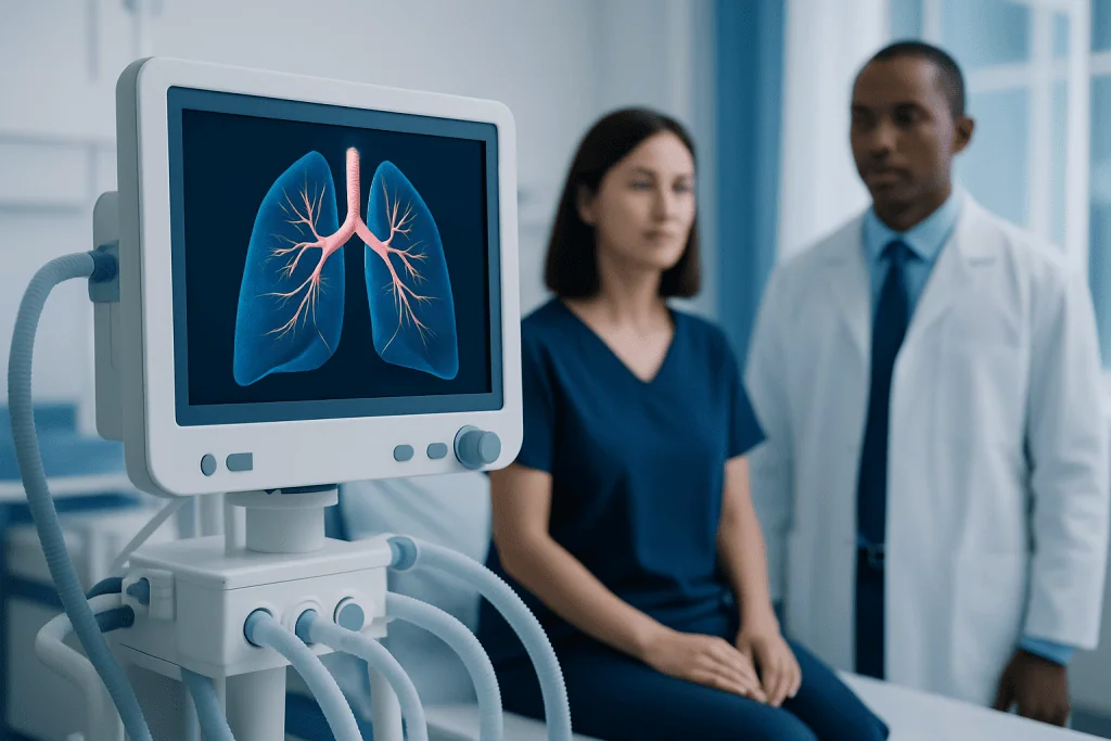 Medical professionals review lung scan in a hospital setting.