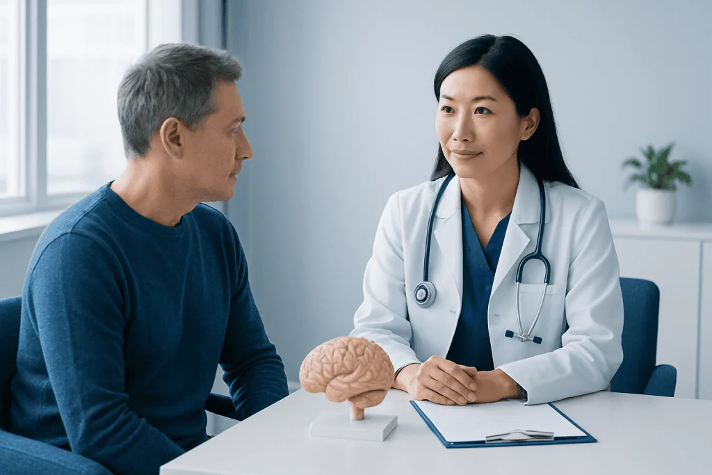 Doctor consulting with patient about brain health in a medical office.
