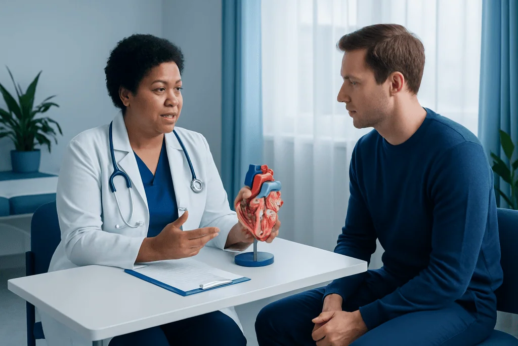 Doctor explaining heart anatomy to a patient in a medical consultation.